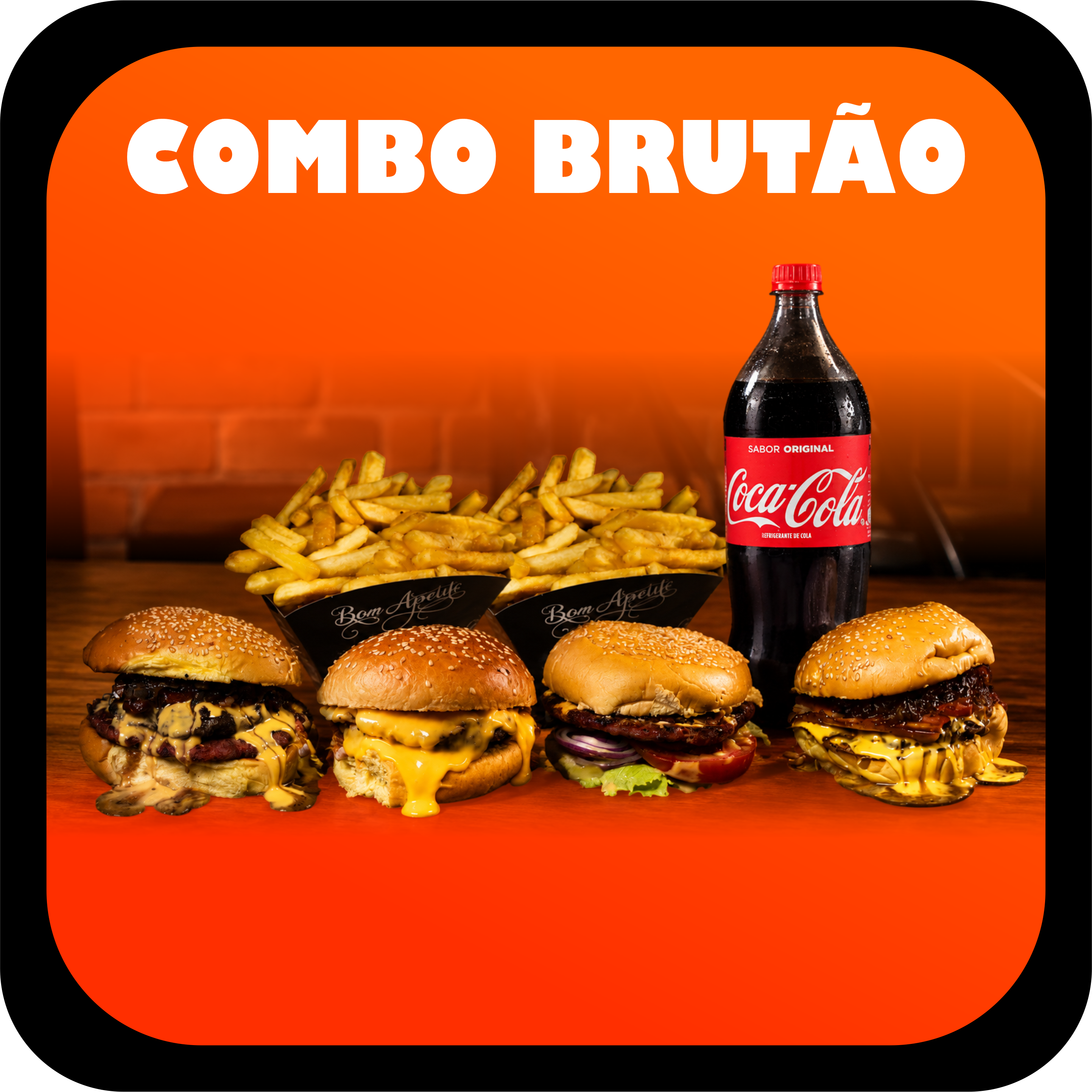 Combo com quatro hambúrgueres, duas batatas fritas grandes e Coca-Cola de 2 litros