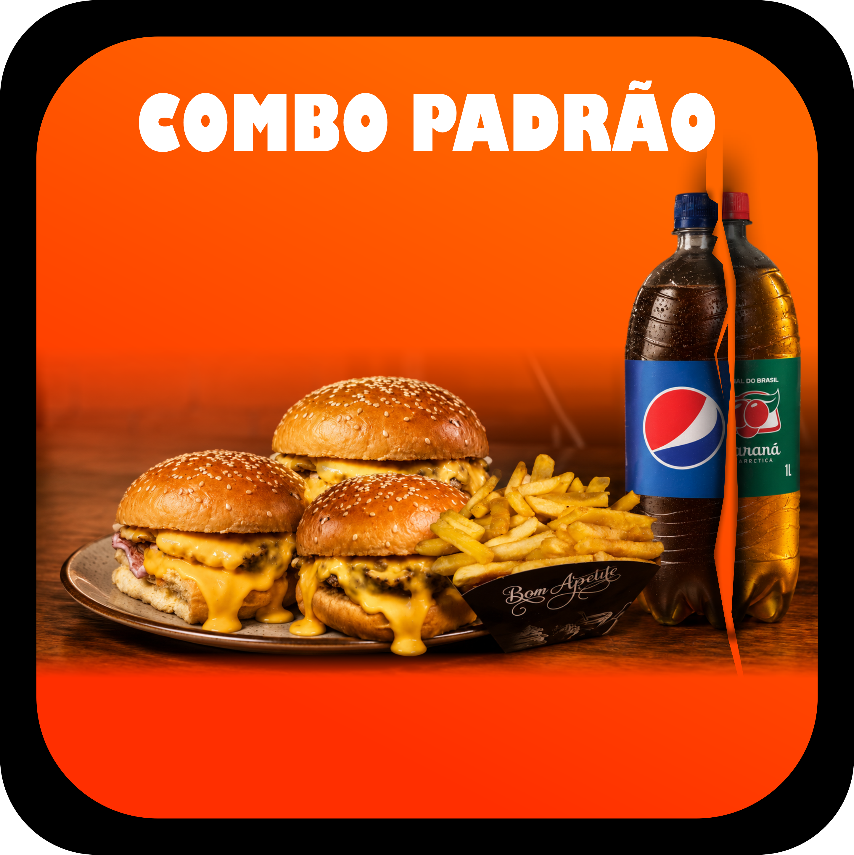 Combo com três hambúrgueres Raiz Burguer, batata frita grande e refrigerante de 1 litro