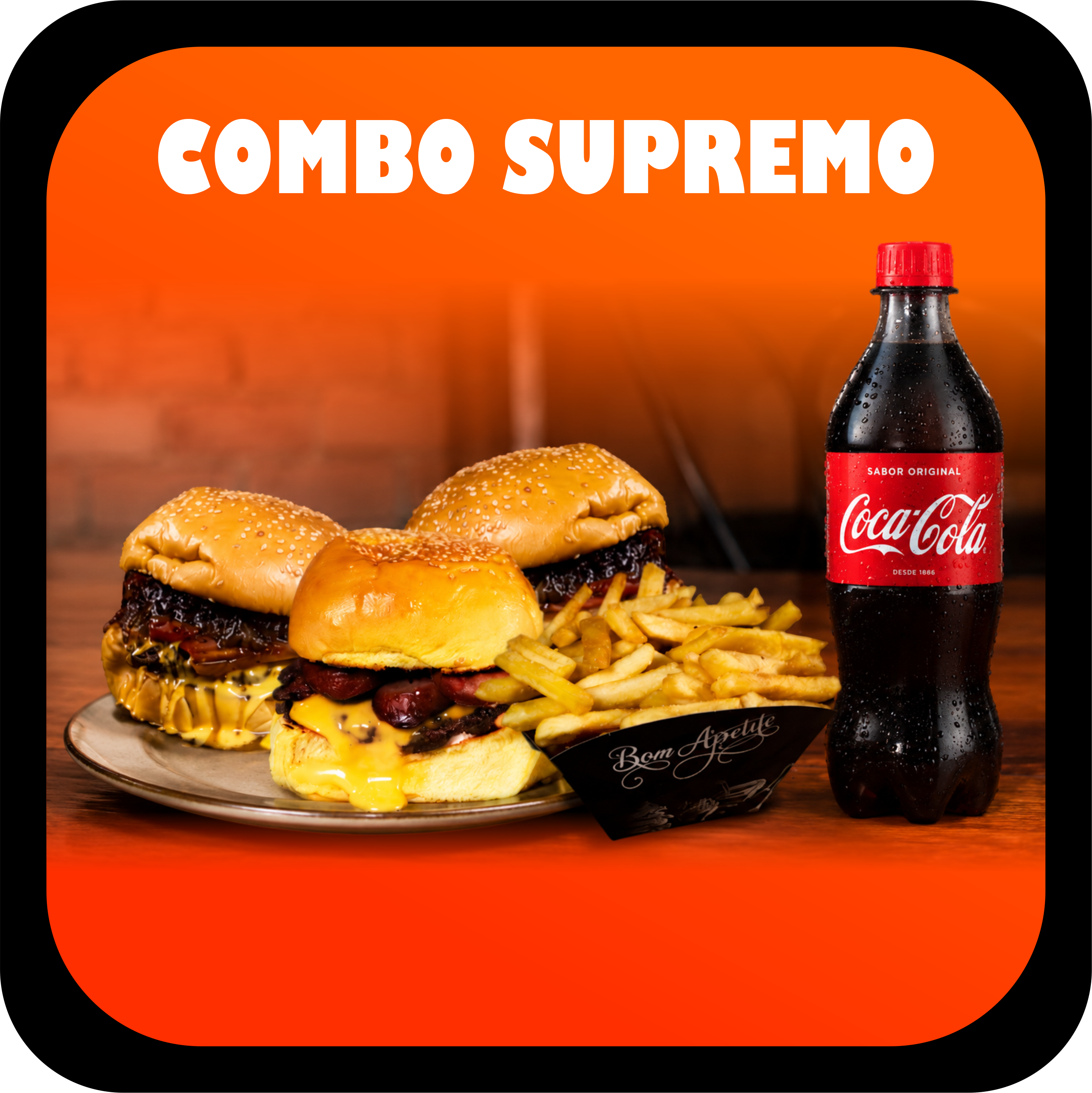 Combo com quatro hambúrgueres, batata frita grande e Coca-Cola de 1 litro